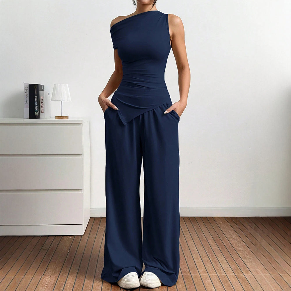 Damen Elegante Jumpsuit-Kombination mit asymmetrischem Oberteil und weitem Bein R&B