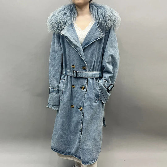 R&B | Lange Denimjacke mit Kunstfell Baumwollmix Modern und Elegant