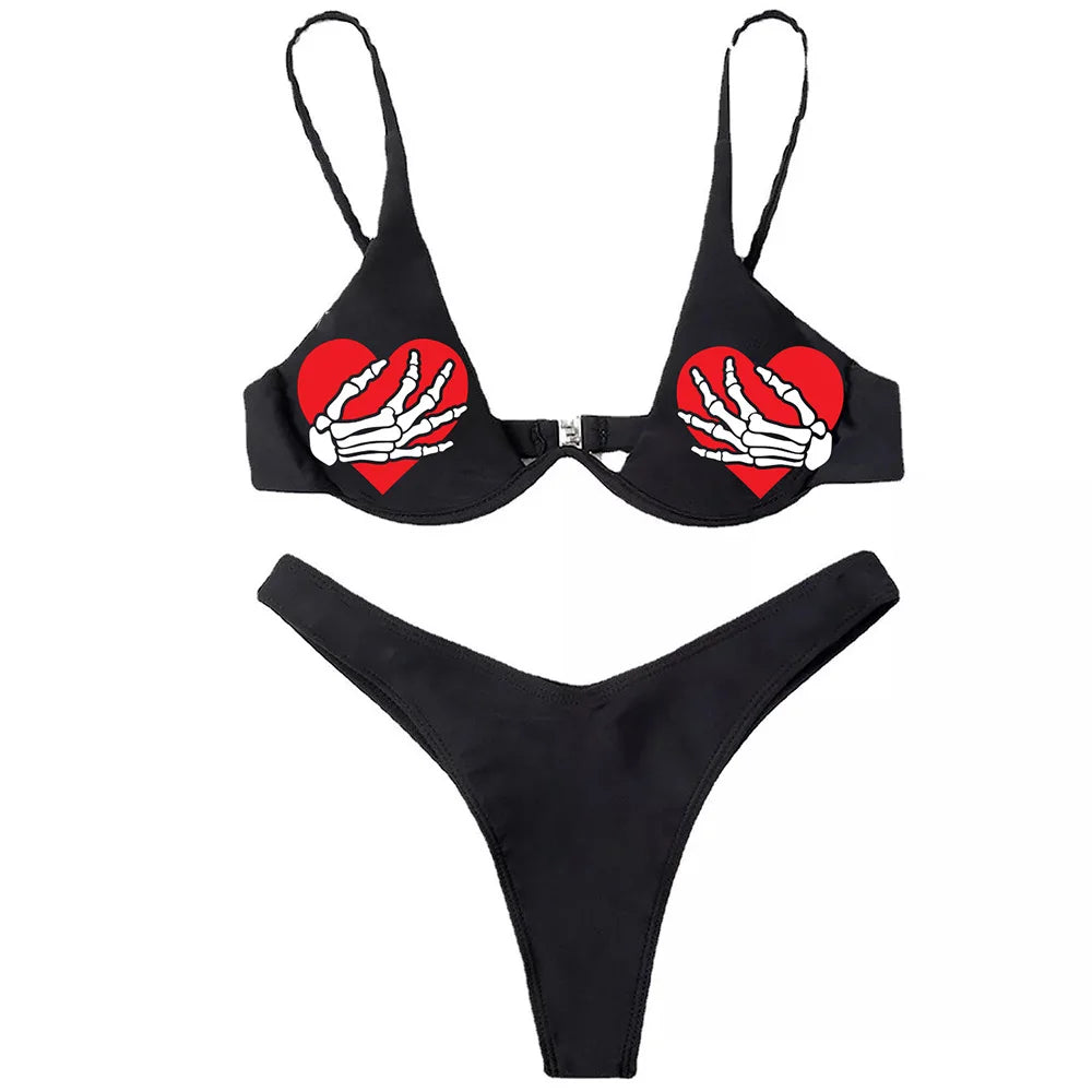 R&B | Sexy Goth Bikini Frauen Buchstaben Totenkopf Druck Badeanzug Split Badeanzug Hohe Taille Gotische Bikini Set Strandoutfits