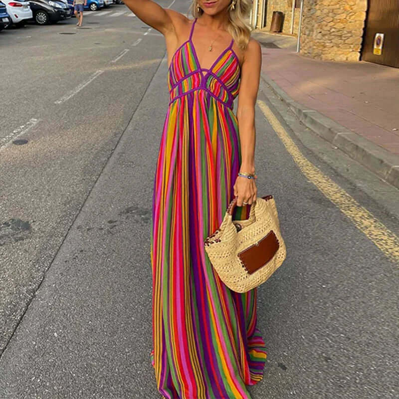 R&B | Vibrant Gestreiftes Maxikleid mit Taillenbetonung