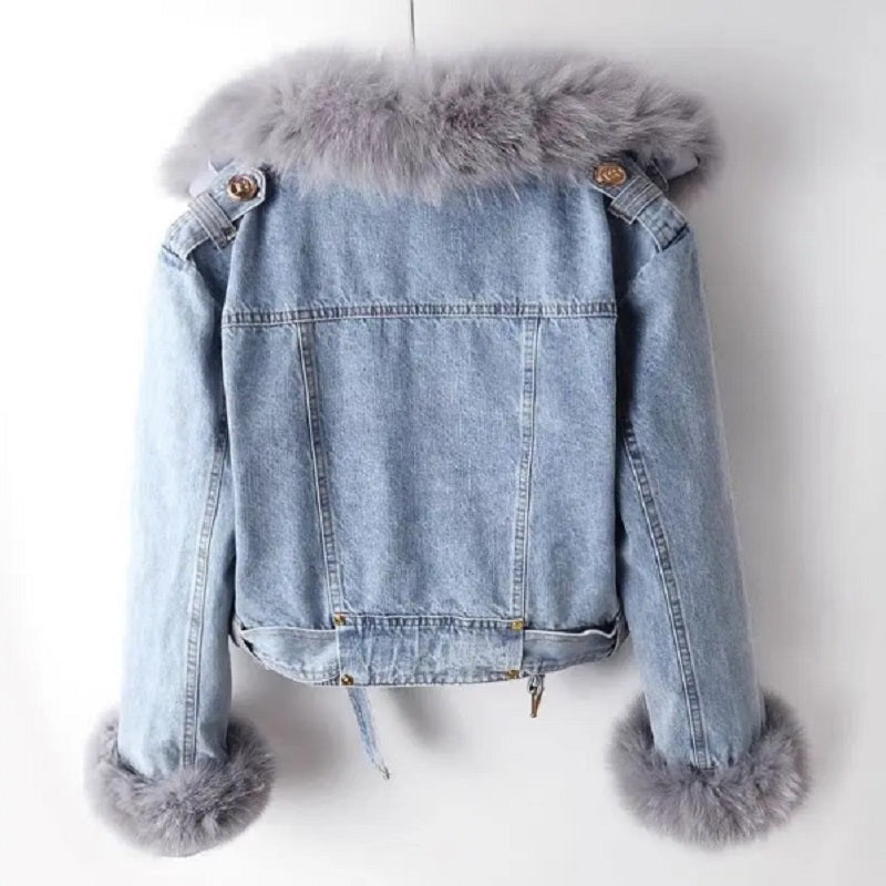 R&B | Denim Jacke mit Luxuriösem Pelzkragen Damen Regular Fit Belle Couture Essential Nachhaltig