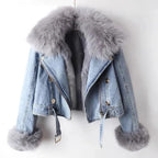 R&B | Denim Jacke mit Luxuriösem Pelzkragen Damen Regular Fit Belle Couture Essential Nachhaltig
