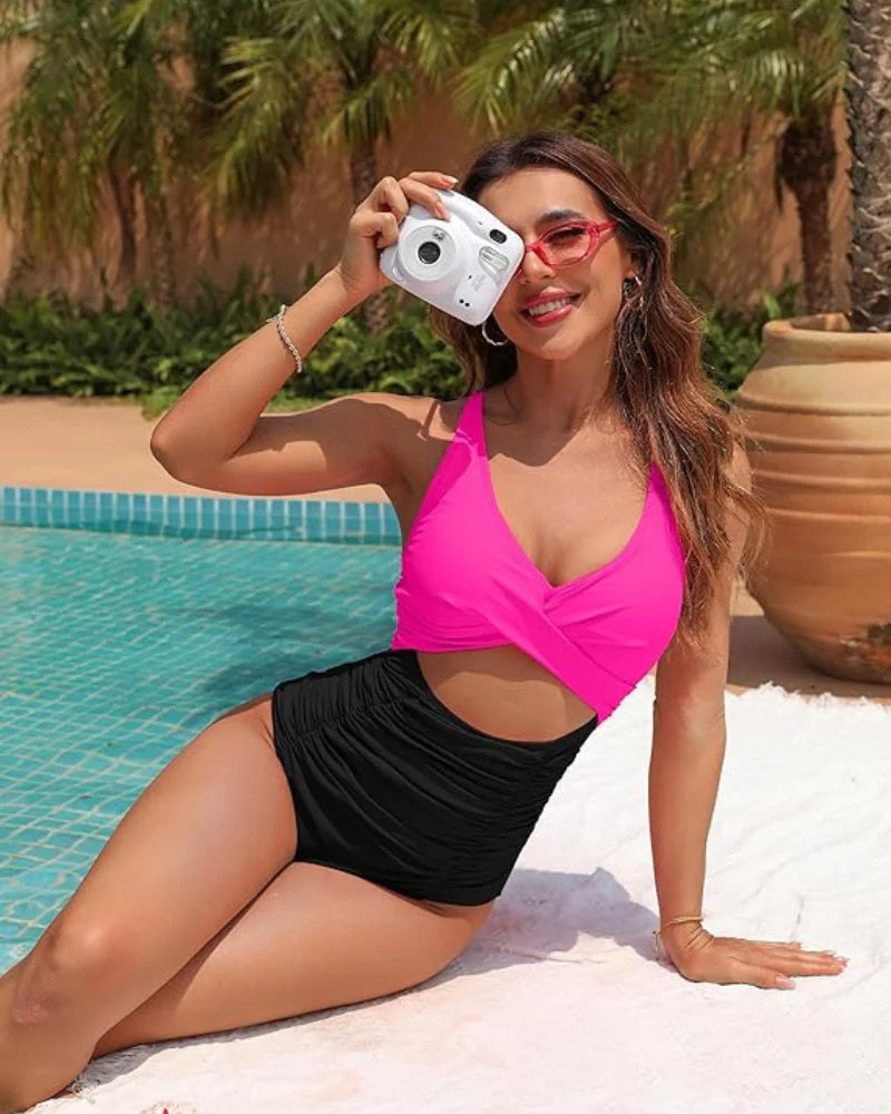 R&B | Damen Einteiler Badeanzüge Push Up Bauchkontrolle Badeanzüge V-Ausschnitt Cutout Anständige Bademode