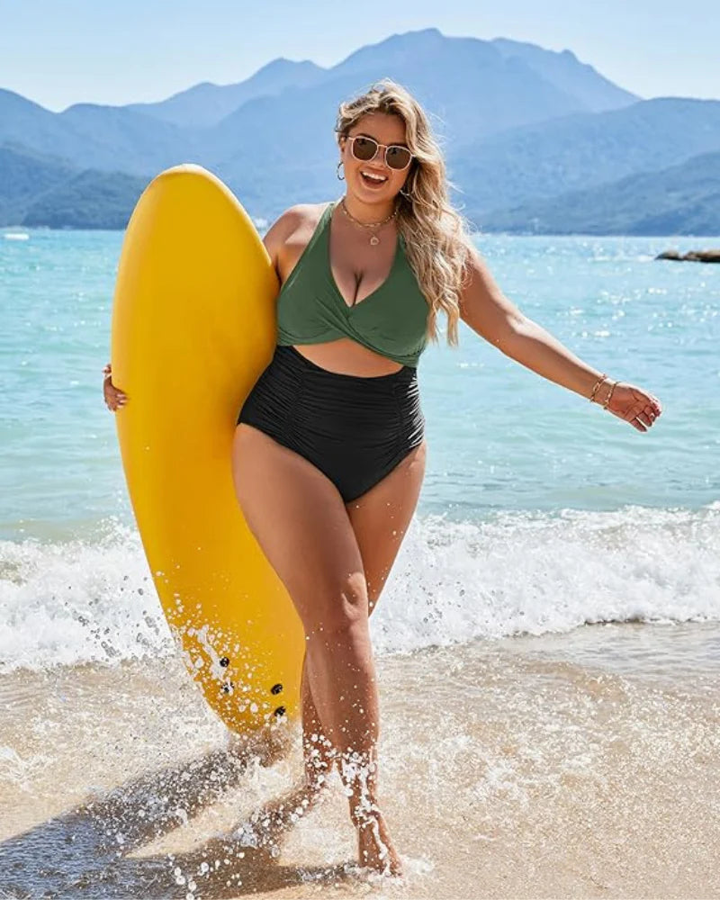 R&B | Damen Einteiler Badeanzüge Push Up Bauchkontrolle Badeanzüge V-Ausschnitt Cutout Anständige Bademode
