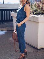 R&B | Slim Ärmellos Taille Denim Jumpsuit
