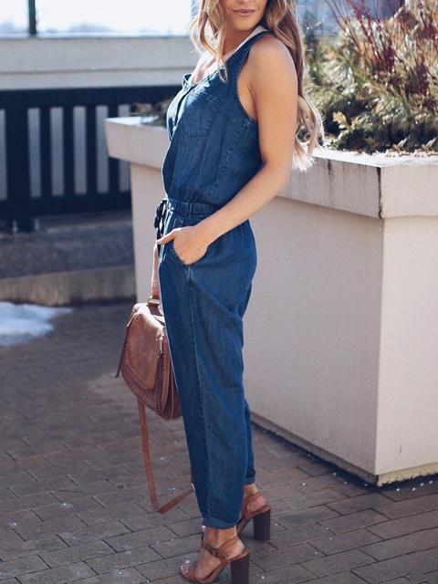R&B | Slim Ärmellos Taille Denim Jumpsuit