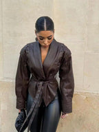 R&B | Leder Schnür Lapel Kragen Blazer Jacke