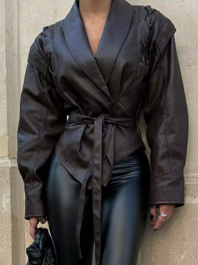 R&B | Leder Schnür Lapel Kragen Blazer Jacke