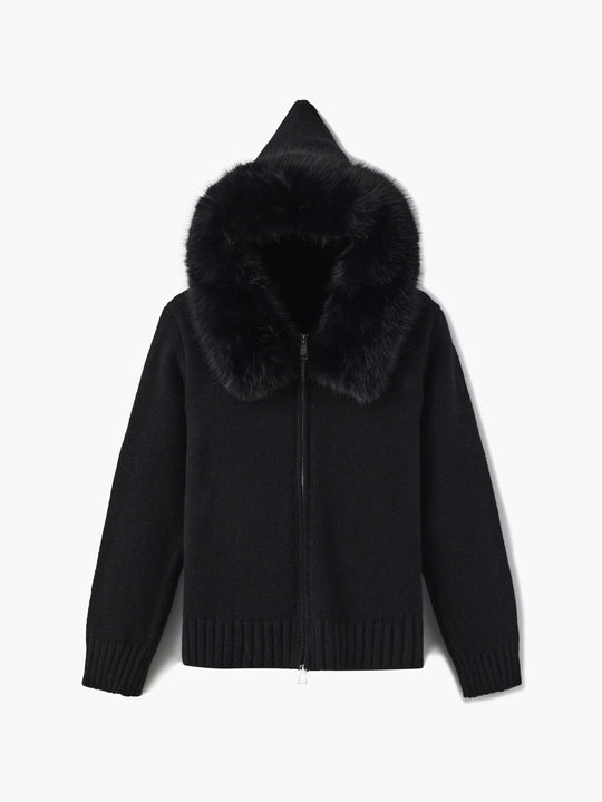 R&B | Strickjacke Grau mit Kapuze und Kunstpelz Warme Winterjacke