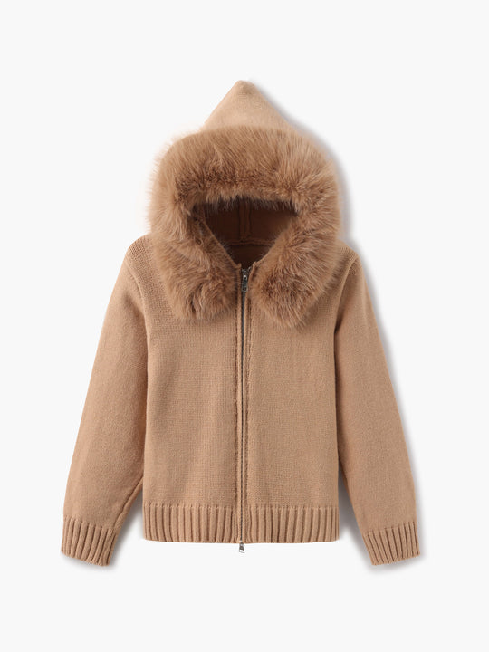 R&B | Strickjacke Grau mit Kapuze und Kunstpelz Warme Winterjacke