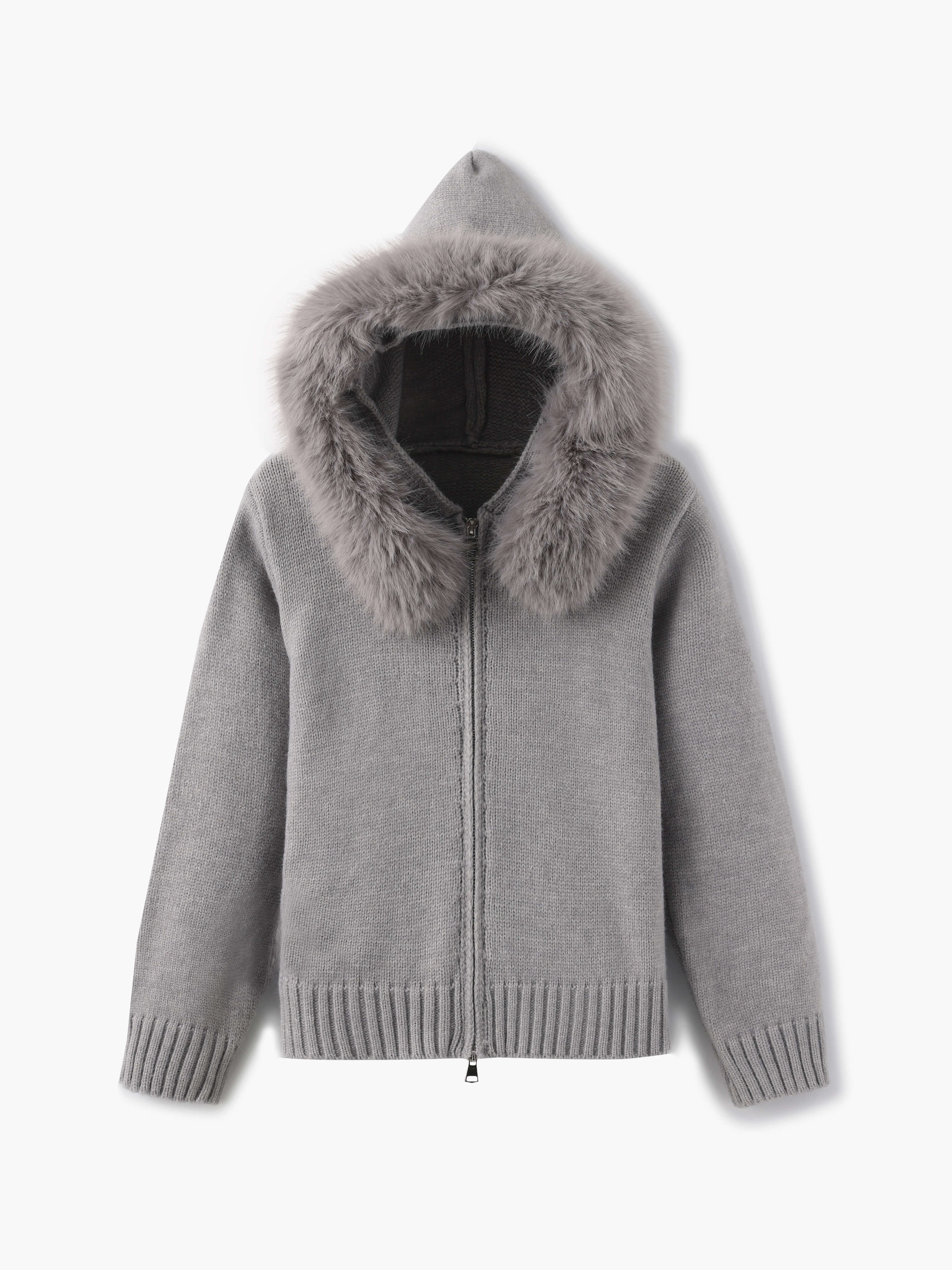 R&B | Strickjacke Grau mit Kapuze und Kunstpelz Warme Winterjacke