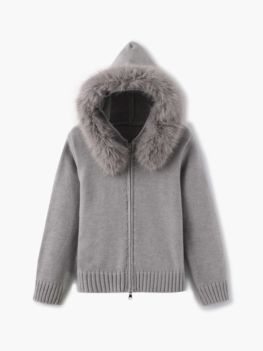 R&B | Strickjacke Grau mit Kapuze und Kunstpelz Warme Winterjacke