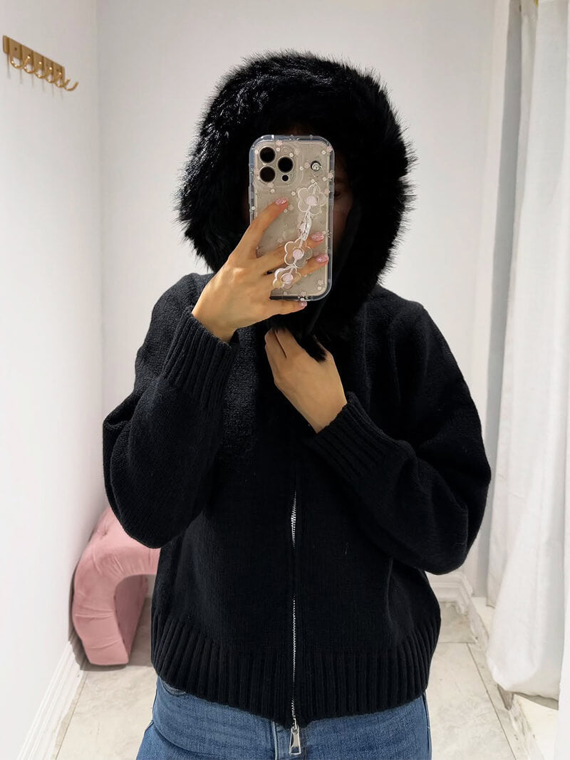 R&B | Strickjacke Grau mit Kapuze und Kunstpelz Warme Winterjacke