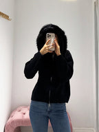 R&B | Strickjacke Grau mit Kapuze und Kunstpelz Warme Winterjacke