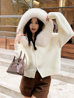 R&B | Strickjacke Grau mit Kapuze und Kunstpelz Warme Winterjacke