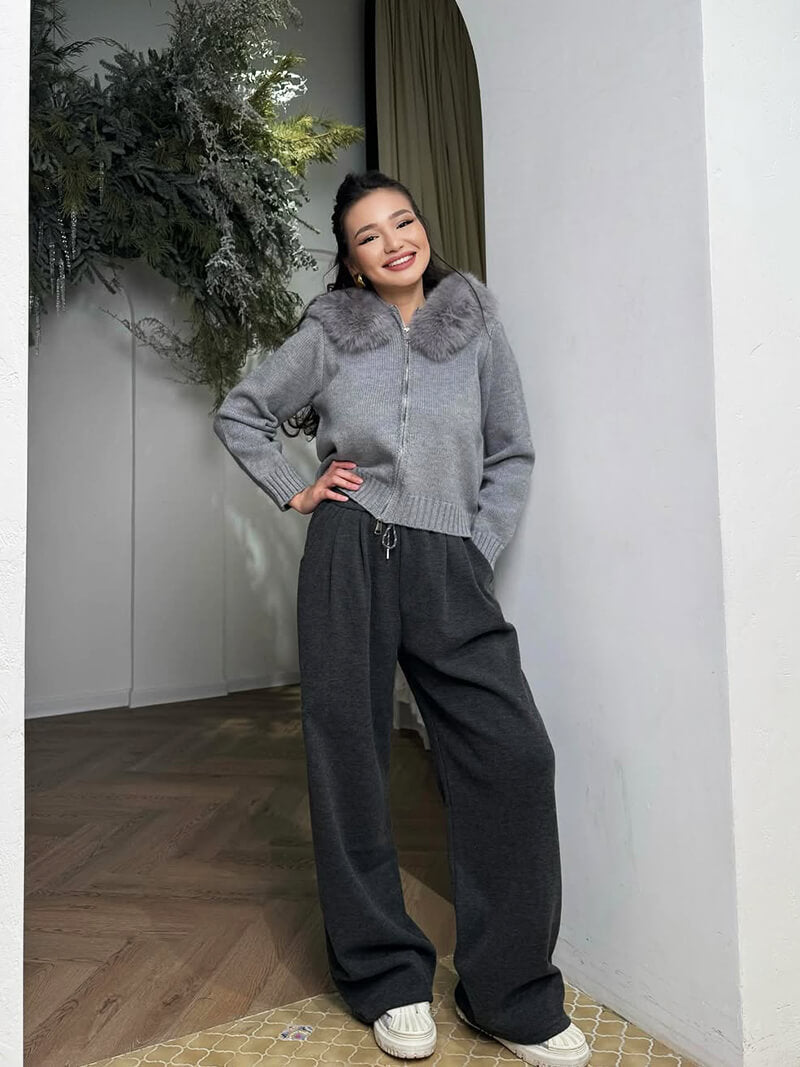 R&B | Strickjacke Grau mit Kapuze und Kunstpelz Warme Winterjacke