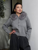 R&B | Strickjacke Grau mit Kapuze und Kunstpelz Warme Winterjacke
