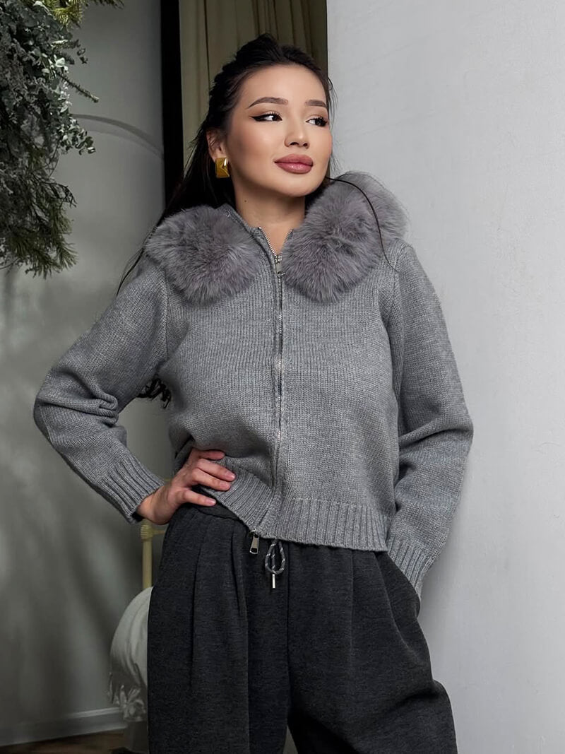 R&B | Strickjacke Grau mit Kapuze und Kunstpelz Warme Winterjacke