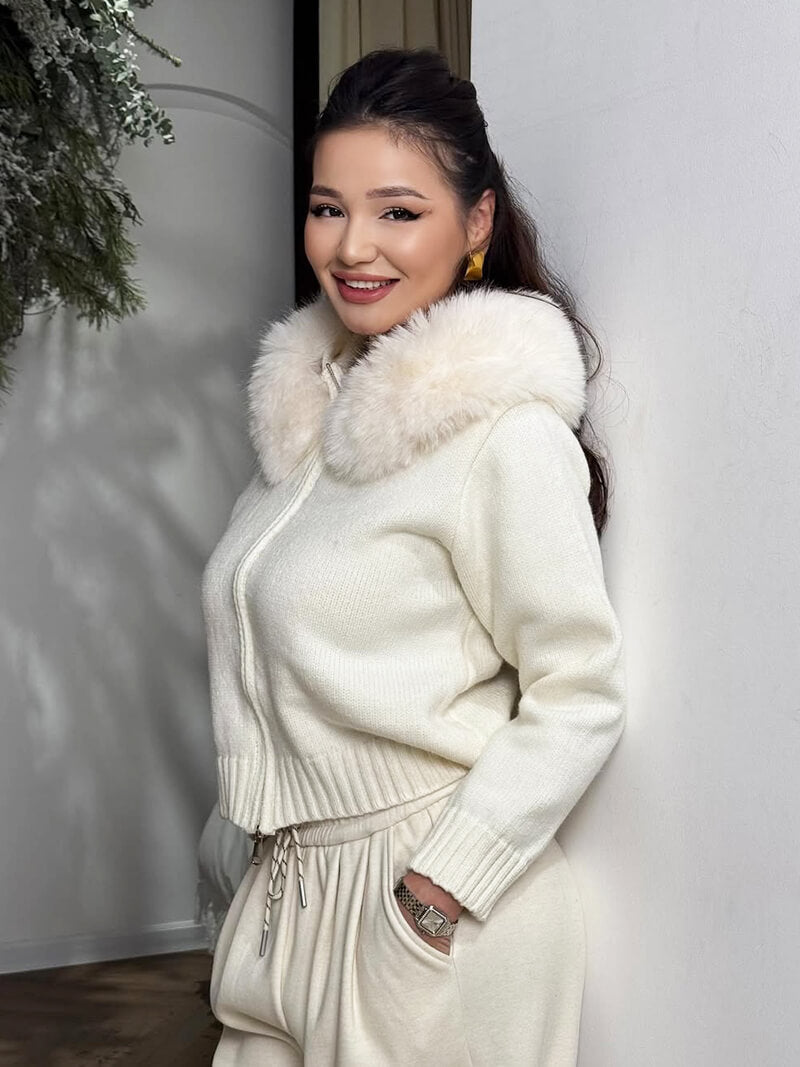 R&B | Strickjacke Grau mit Kapuze und Kunstpelz Warme Winterjacke