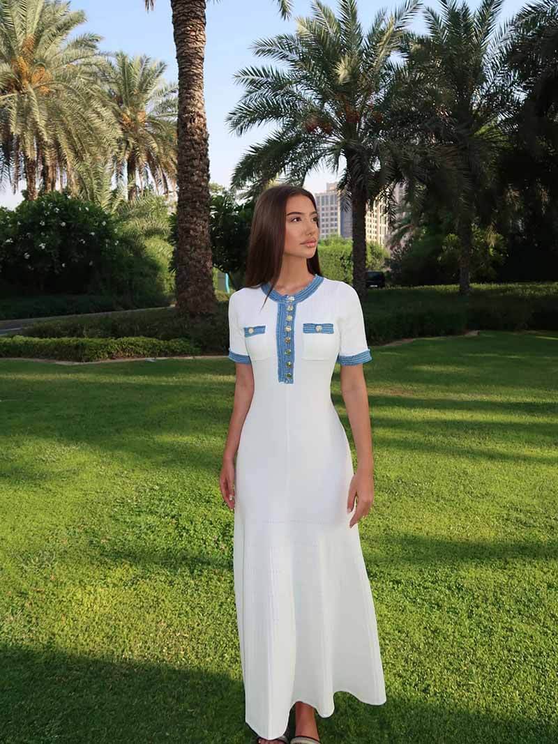 R&B | Maxi-Kleid - Dekorative Strick mit Fransen-Denim-Einsatz