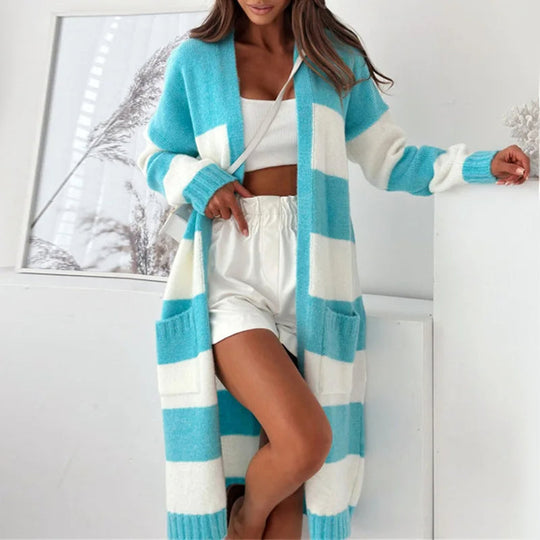 R&B | Damen Lange Gestreifte Strickjacke mit Langen Ärmeln und Taschen