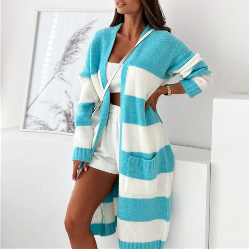 R&B | Damen Lange Gestreifte Strickjacke mit Langen Ärmeln und Taschen