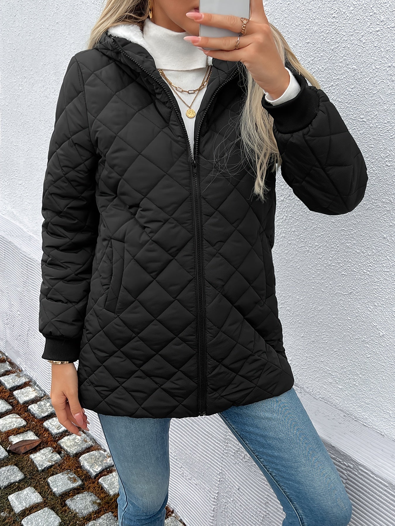 R&B | Damen Wattierte Pufferjacke mit Reißverschluss und Kunstfellfutter