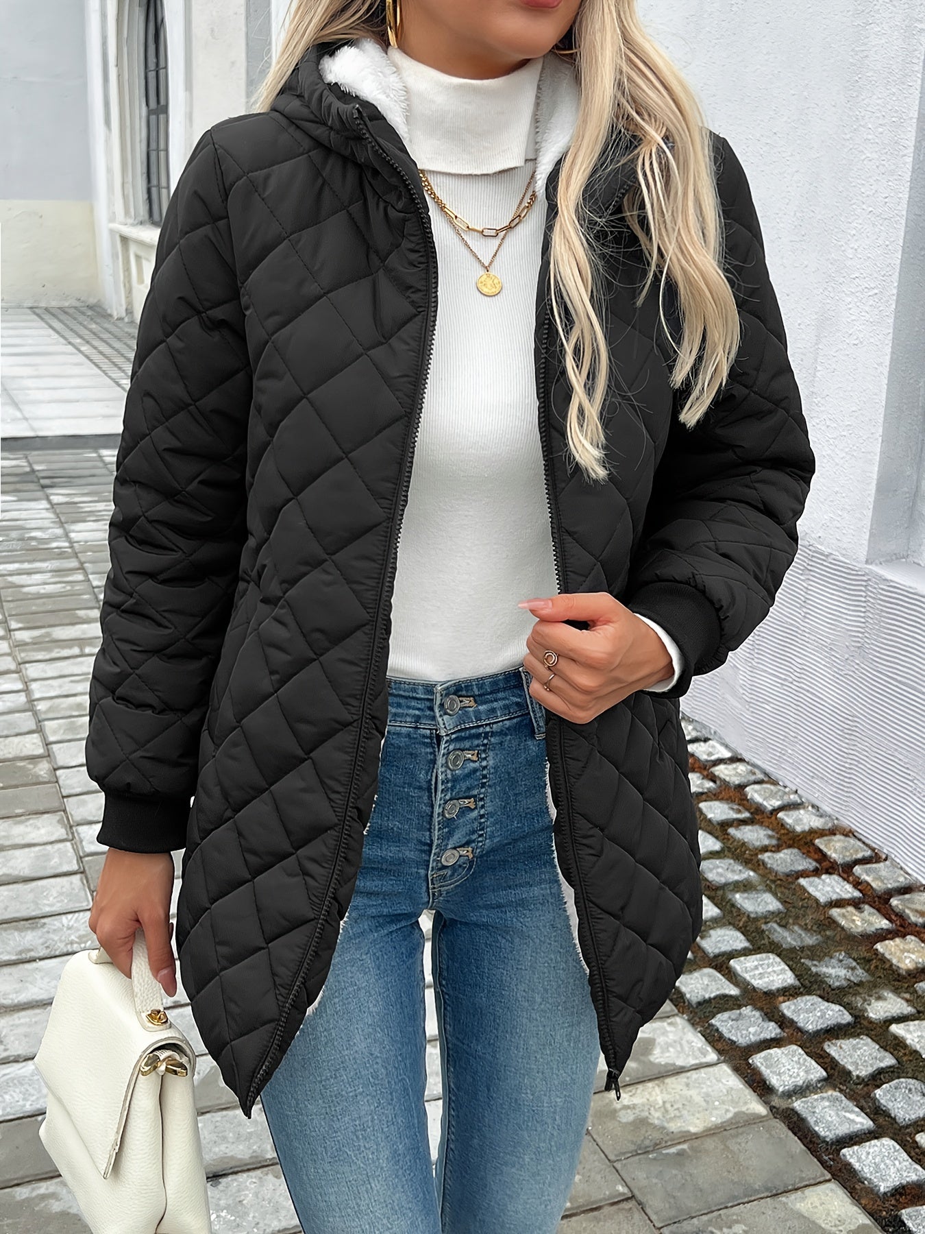 R&B | Damen Wattierte Pufferjacke mit Reißverschluss und Kunstfellfutter