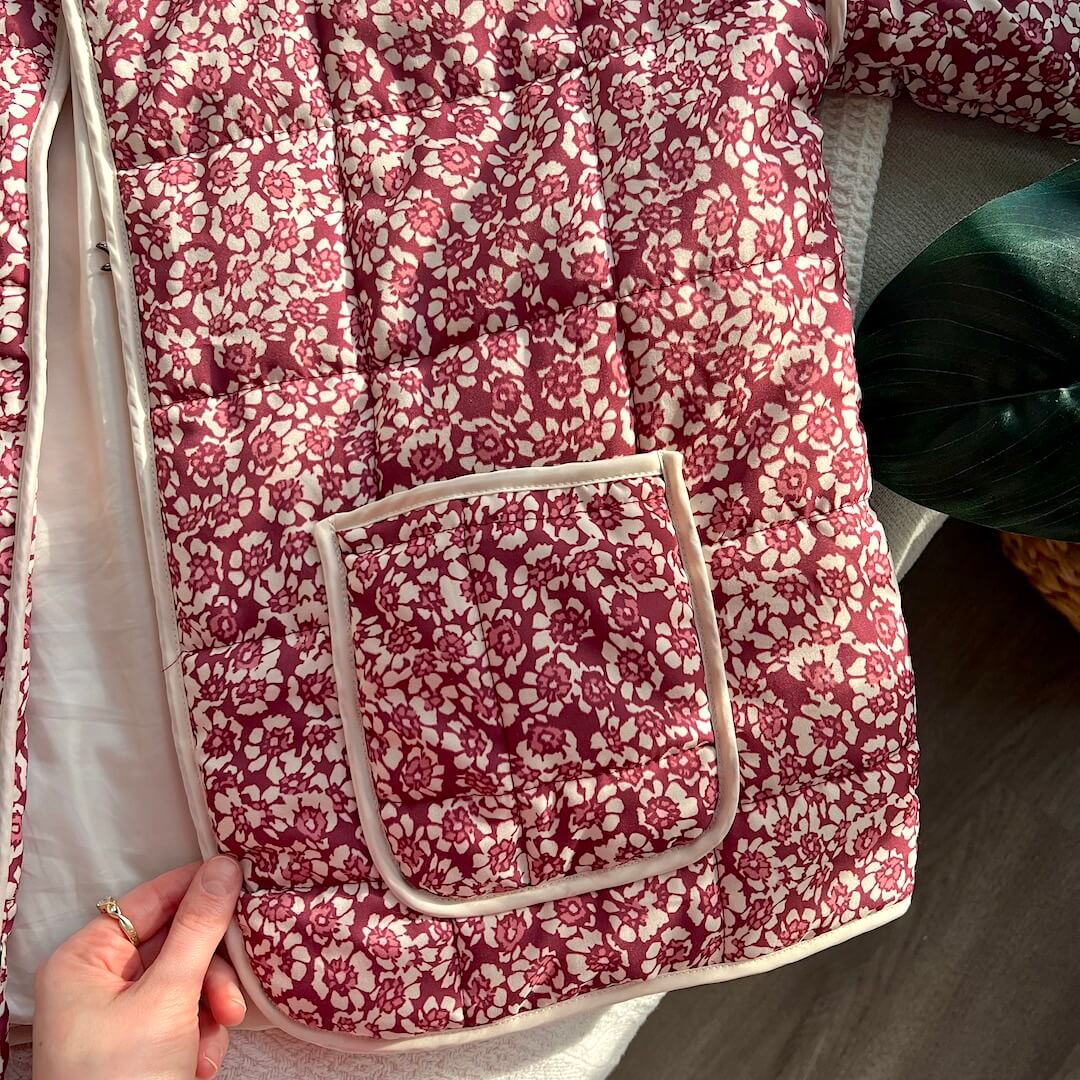 R&B | Damen Blumen Gestepptes Jacke mit Taschen und Langen Ärmeln