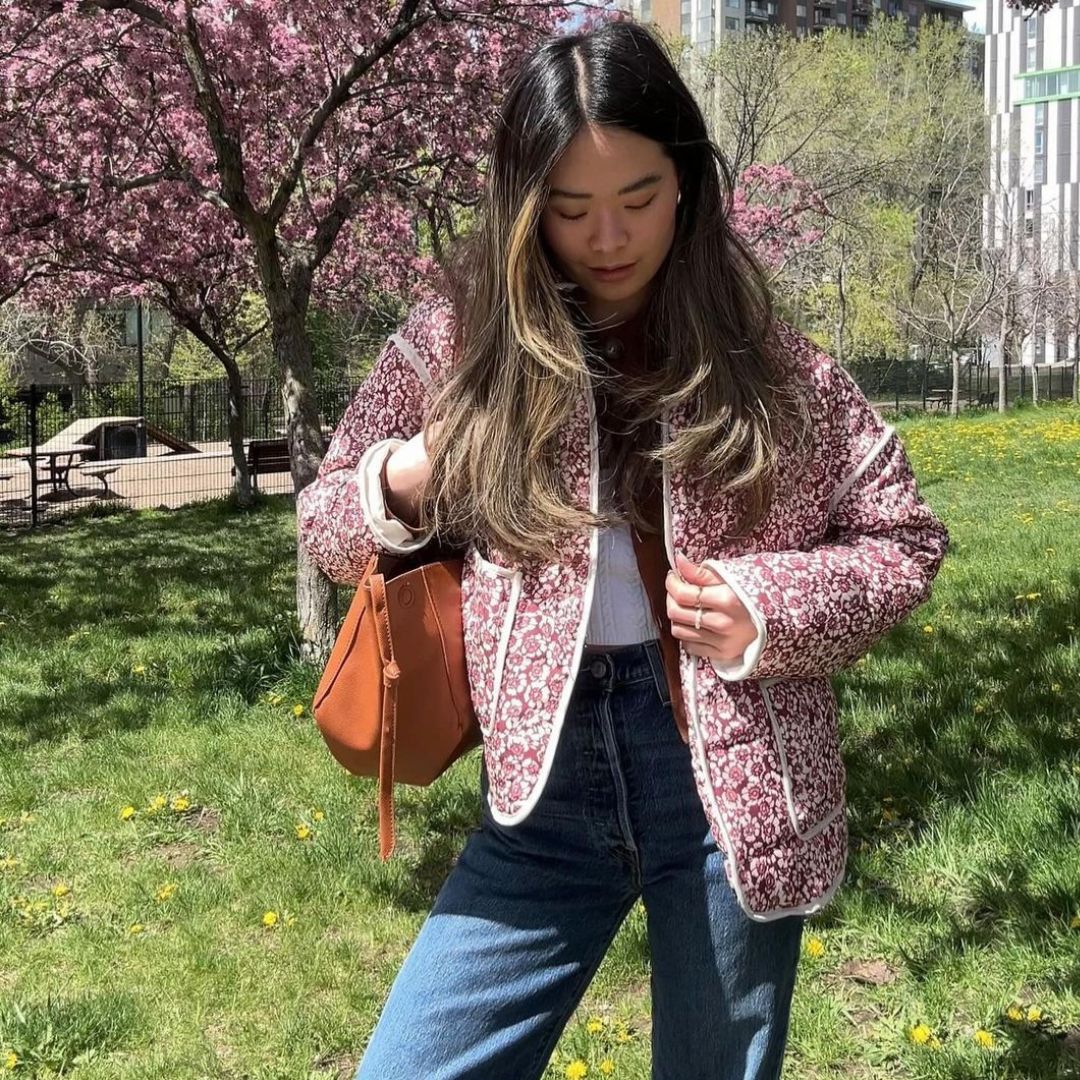 R&B | Damen Blumen Gestepptes Jacke mit Taschen und Langen Ärmeln