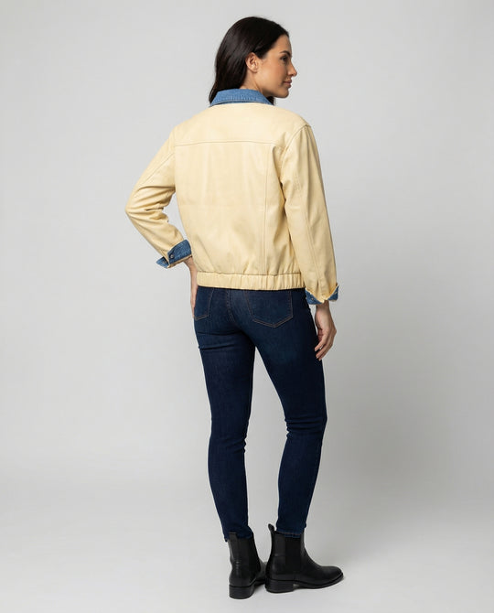 Stylische kurze Damen Lederjacke mit Reverskragen im Patchwork Design
