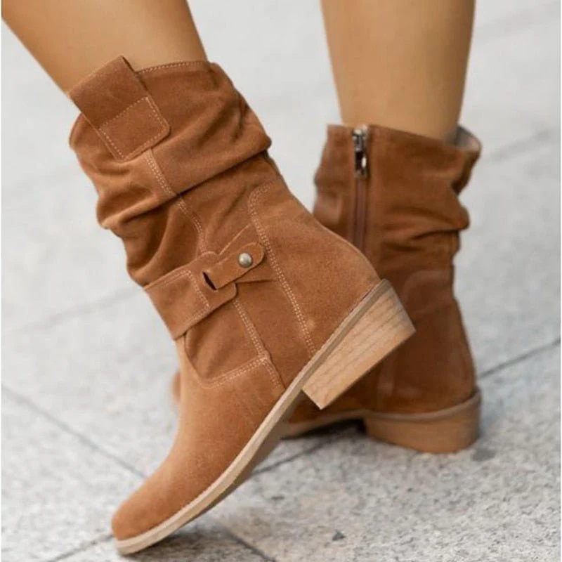 Wildleder-Stiefel - Damen Boho Winterstiefel mit niedrigem Absatz R&B