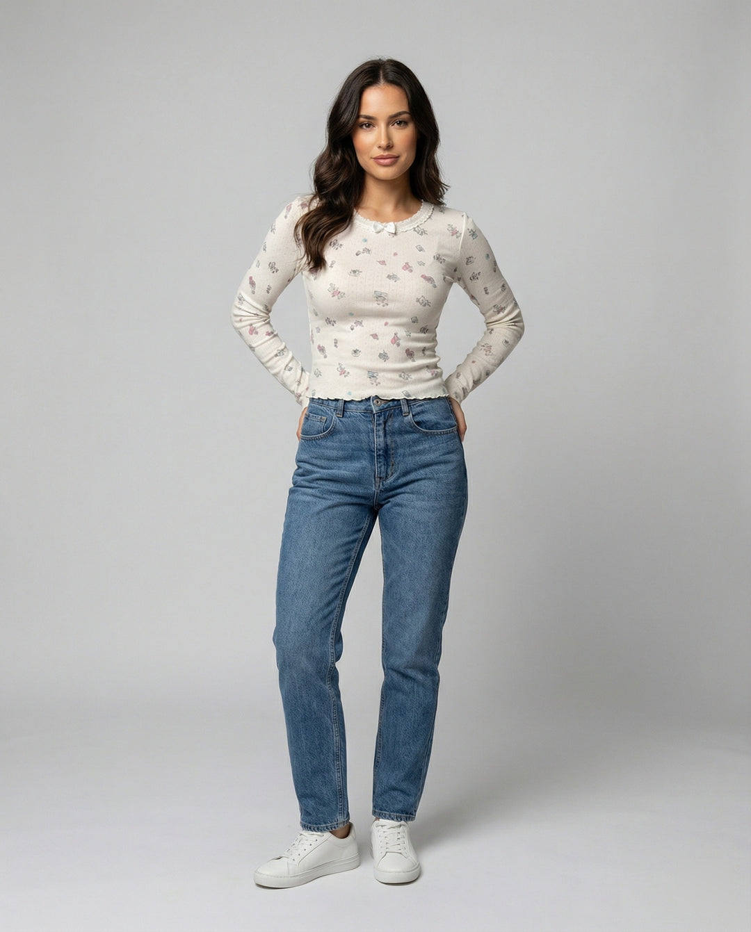 Süßes Langarmshirt mit Rundhalsausschnitt und Print für Damen