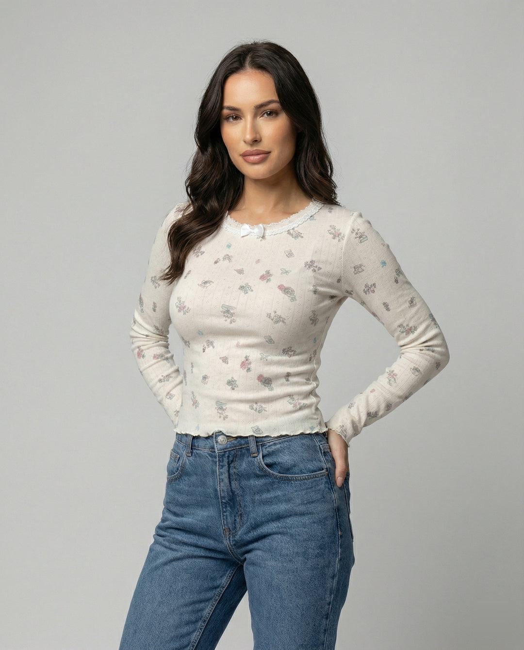 Süßes Langarmshirt mit Rundhalsausschnitt und Print für Damen