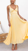 R&B | Gelb Plissiertes V-Ausschnitt Maxi Kleid