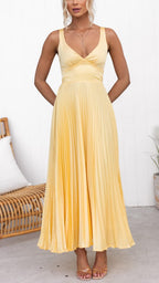 R&B | Gelb Plissiertes V-Ausschnitt Maxi Kleid