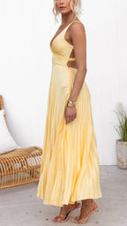 R&B | Gelb Plissiertes V-Ausschnitt Maxi Kleid