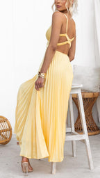 R&B | Gelb Plissiertes V-Ausschnitt Maxi Kleid