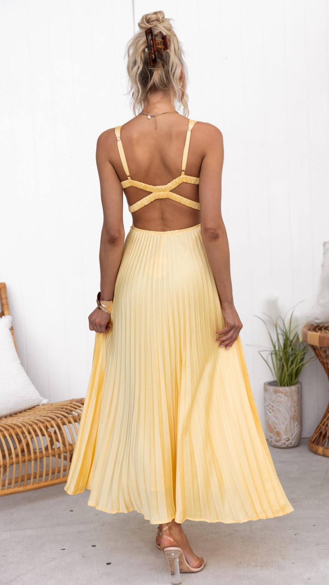 R&B | Gelb Plissiertes V-Ausschnitt Maxi Kleid