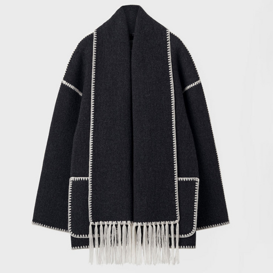 R&B | Wollmantel - Oversized Fit - Schal-Kragen mit Fransen - Dekorative Nähte - Knopfverschluss