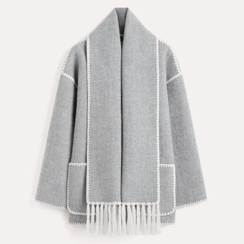 R&B | Wollmantel - Oversized Fit - Schal-Kragen mit Fransen - Dekorative Nähte - Knopfverschluss
