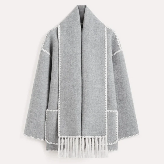 R&B | Wollmantel - Oversized Fit - Schal-Kragen mit Fransen - Dekorative Nähte - Knopfverschluss