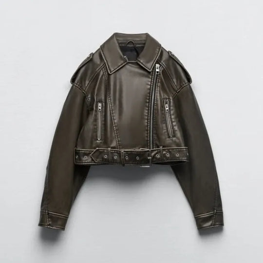 R&B | Damen verkürzte Kunstleder Bikerjacke mit taillierter Taille