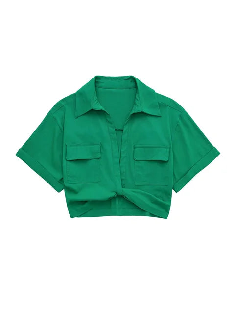 R&B | Damen Vintage Kurzarm Leinen Crop Shirt
