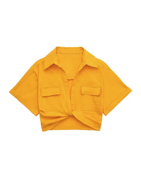 R&B | Damen Vintage Kurzarm Leinen Crop Shirt