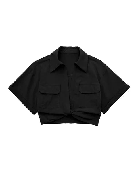 R&B | Damen Vintage Kurzarm Leinen Crop Shirt