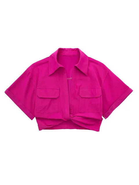R&B | Damen Vintage Kurzarm Leinen Crop Shirt