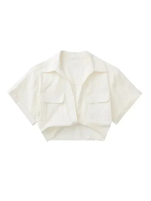 R&B | Damen Vintage Kurzarm Leinen Crop Shirt