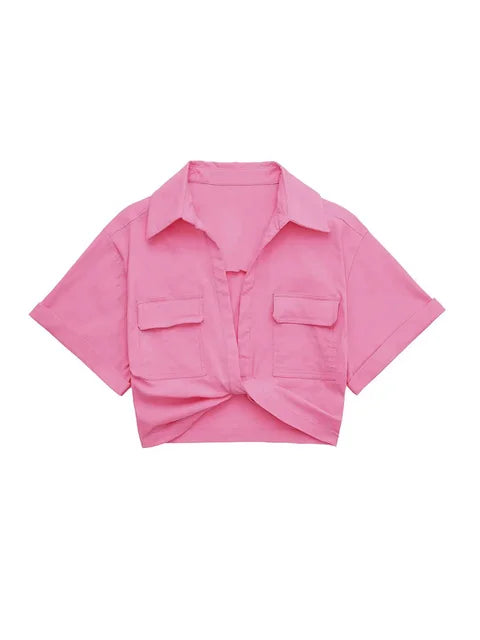 R&B | Damen Vintage Kurzarm Leinen Crop Shirt
