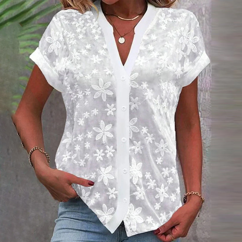 R&B | Kurzärmlige Blumenbluse mit V-Ausschnitt